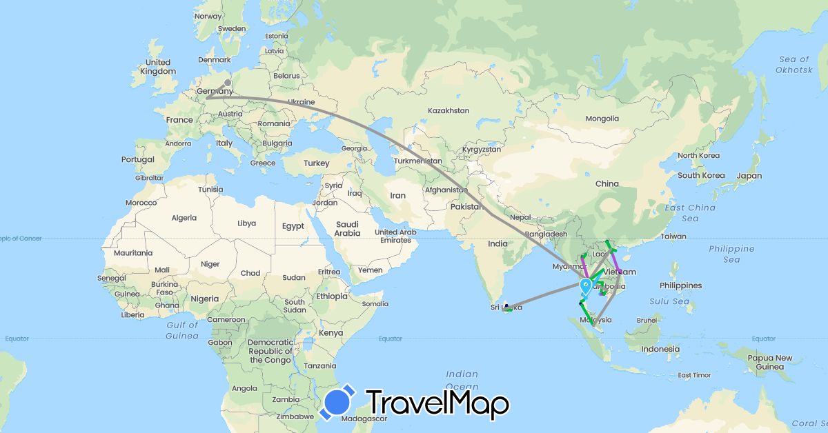 TravelMap itinerary: driving, bus, plane, train, boat, motorbike in Germany, India, Cambodia, Malaysia, Thailand, Vietnam (Asia, Europe)